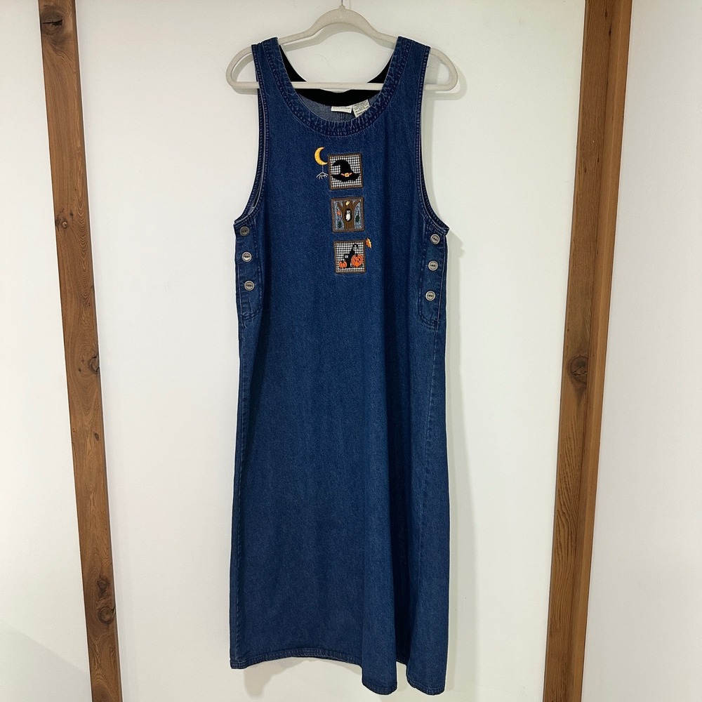 Vintage White Stag Halloween Denim Jumper Dress Women M Embroidered Maxi